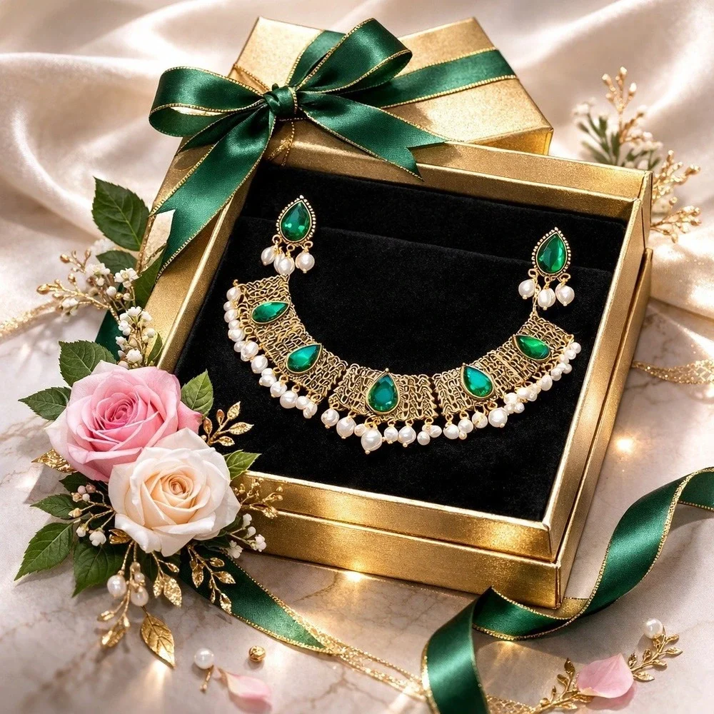Jewelry Set Women Gold-Tone with Green‎ Stones and White Pearls